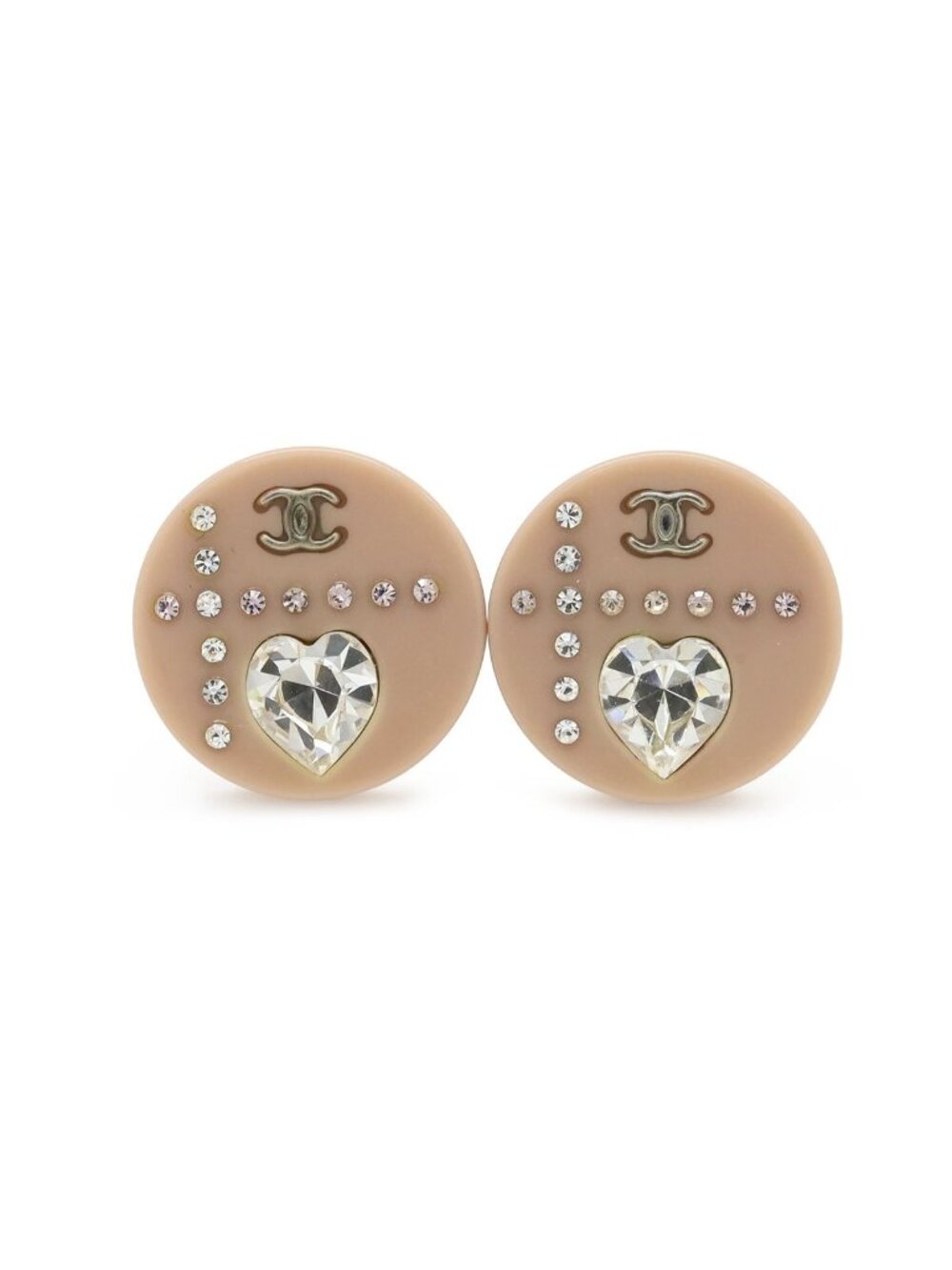 Chanel CC Logo Earrings Round Rhinestone Heart Stone Plastic Metal Dusty Pink